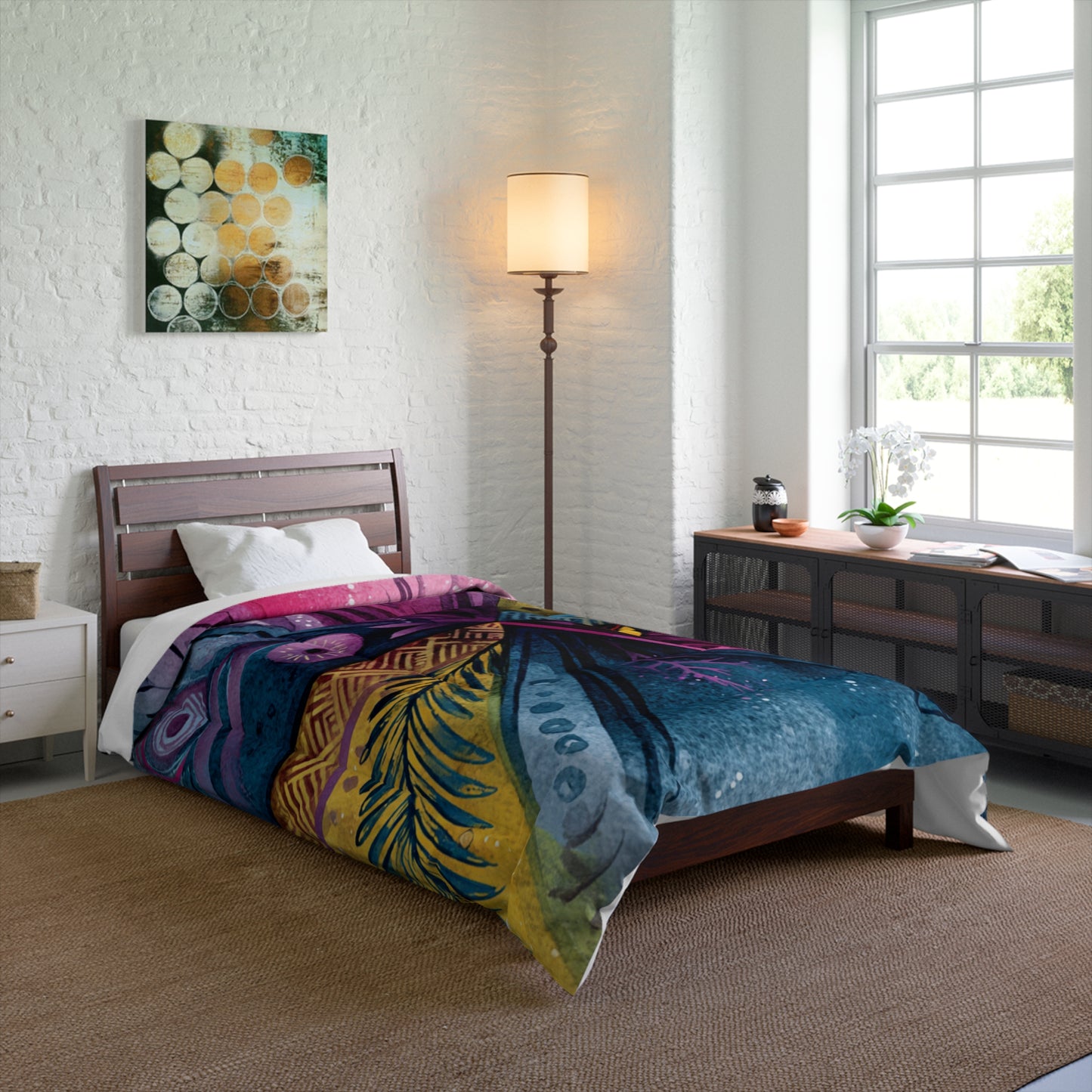 Boho Watercolor Feather Comforter – Vibrant Tribal Cross Pattern