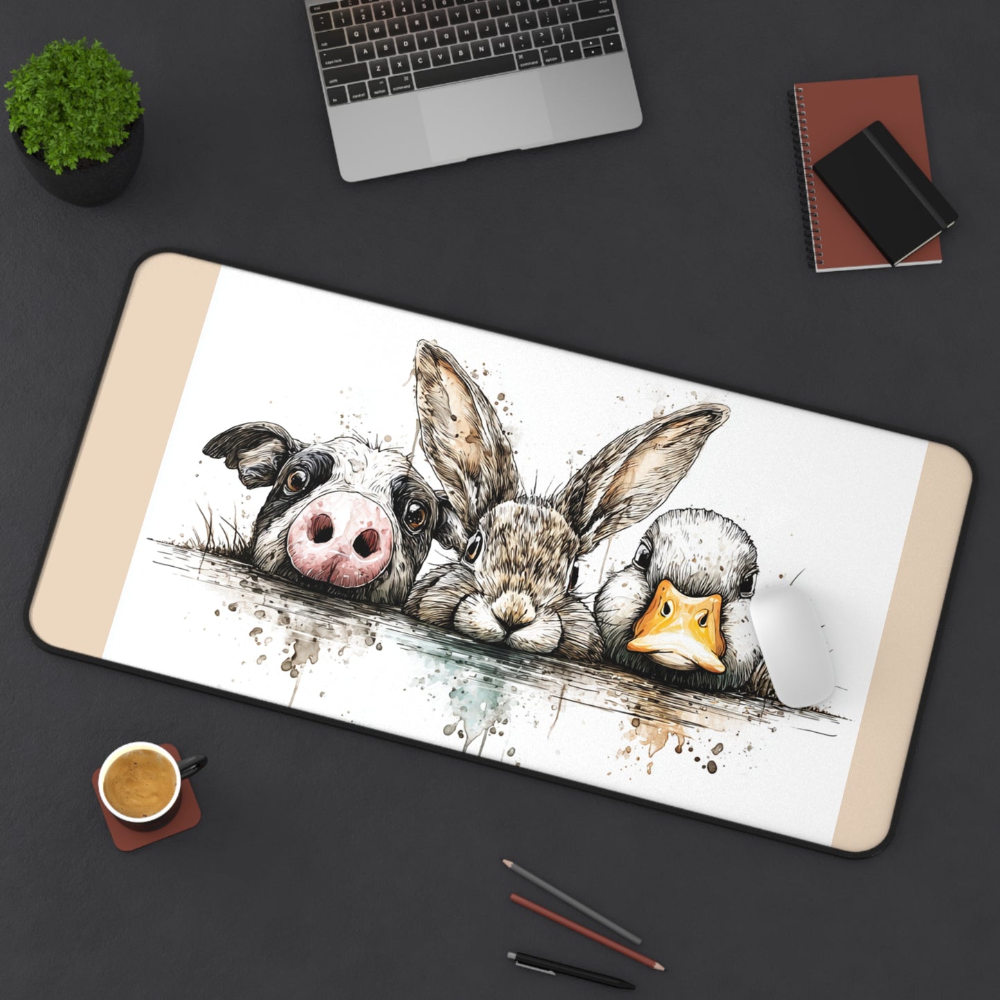 Cute Farm Animal Desk Mat — Pig, Bunny & Duck Illustration Mouse Pad