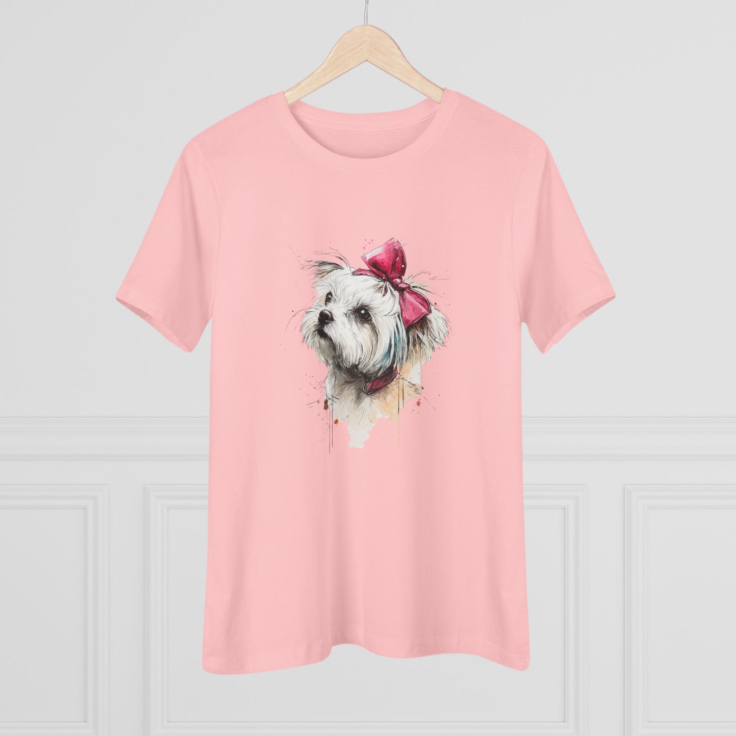 Shih Tzu Watercolor Tee — Cute Dog Portrait T‑Shirt with Pink Bow