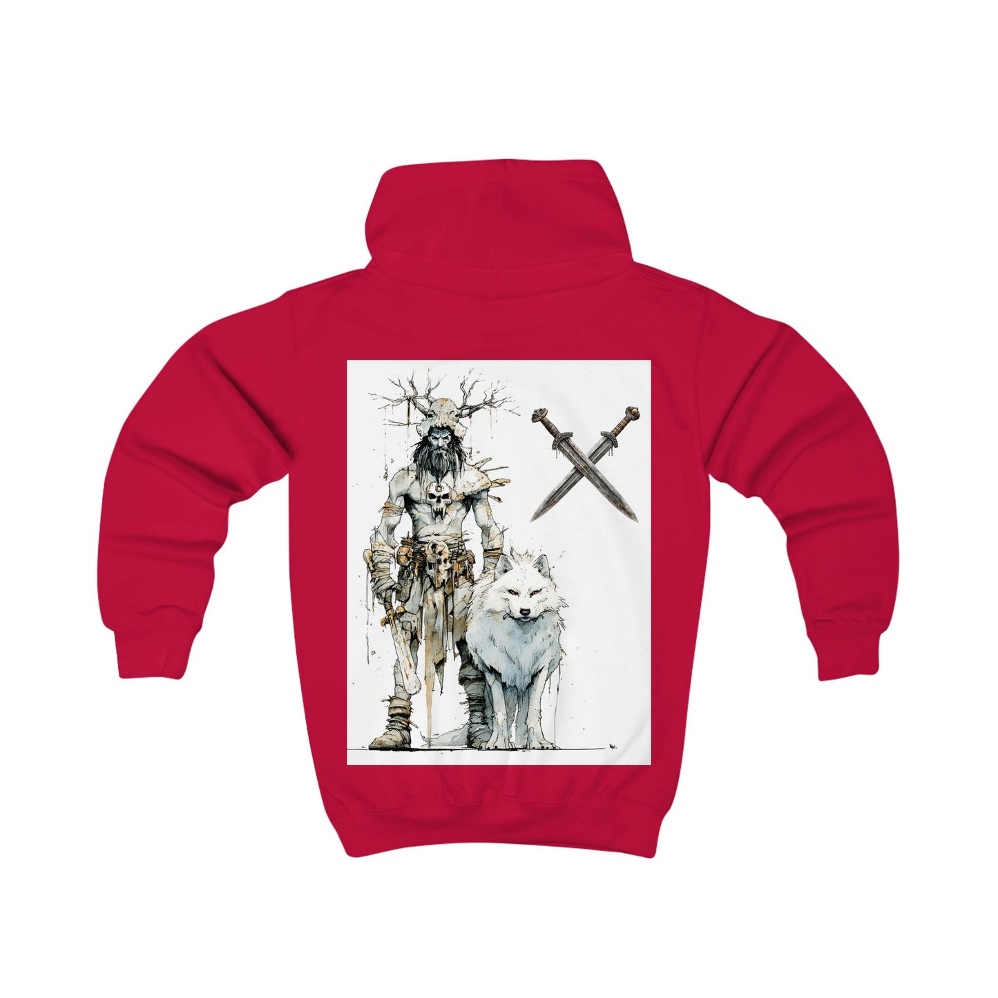 Kids Hoodie — Viking Warrior and White Wolf Graphic Pullover