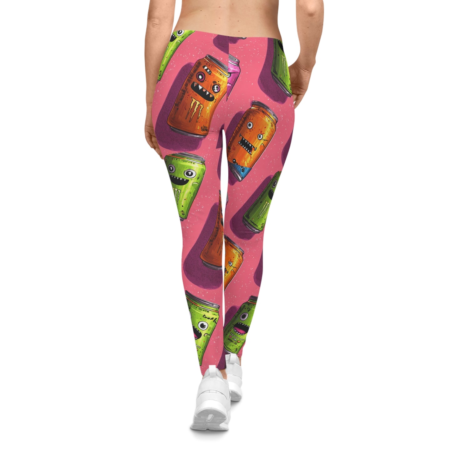 Cute Monster Soda Cans Leggings — Colorful Pink All-Over-Print Yoga Pants