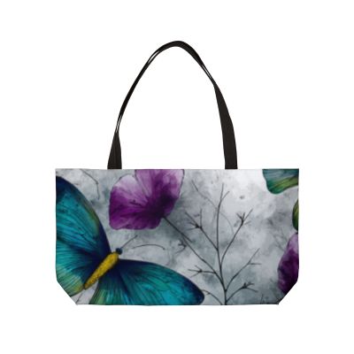 Weekender Tote Bag — Teal Butterfly & Purple Floral Travel Carryall