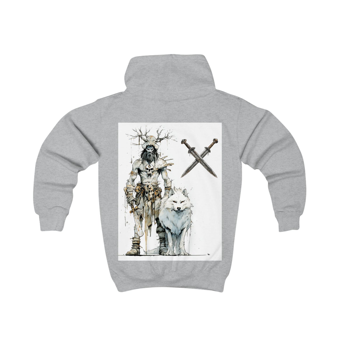 Kids Hoodie — Viking Warrior and White Wolf Graphic Pullover