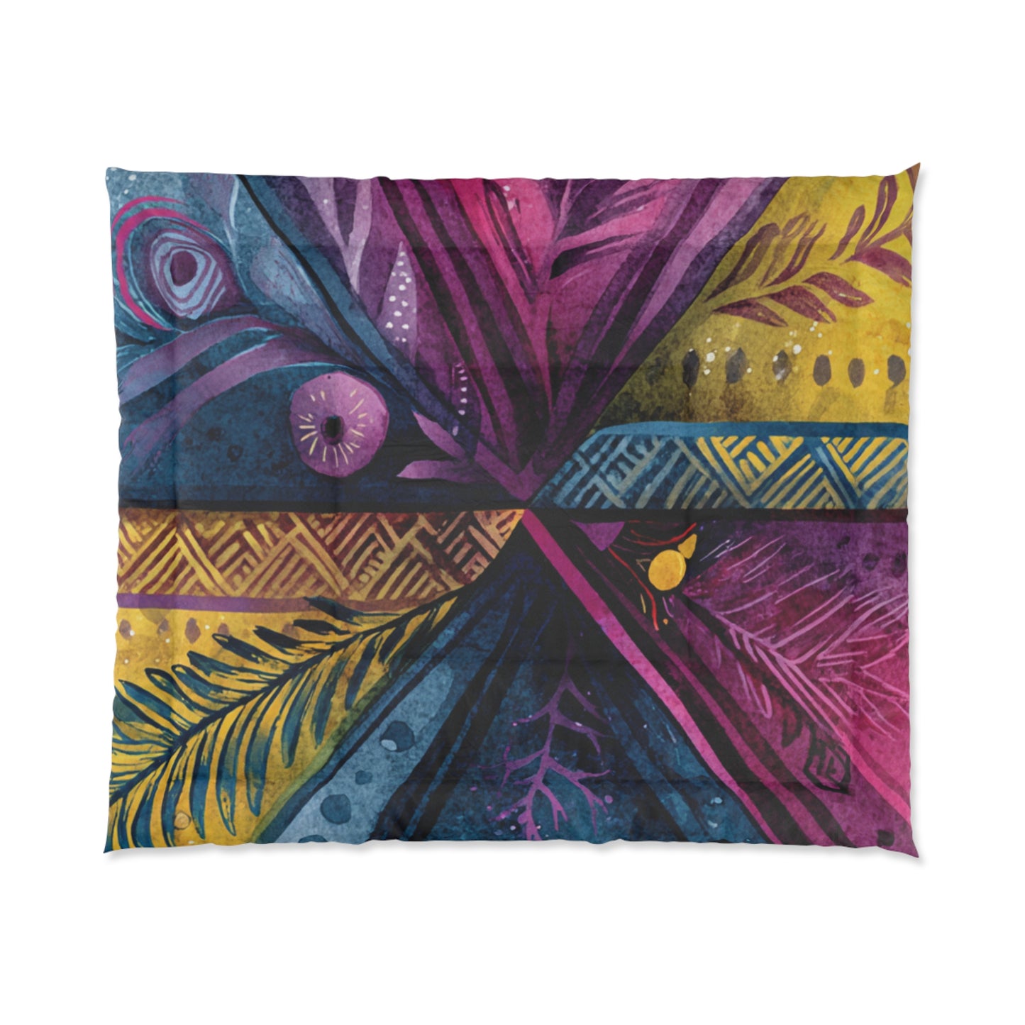 Boho Watercolor Feather Comforter – Vibrant Tribal Cross Pattern
