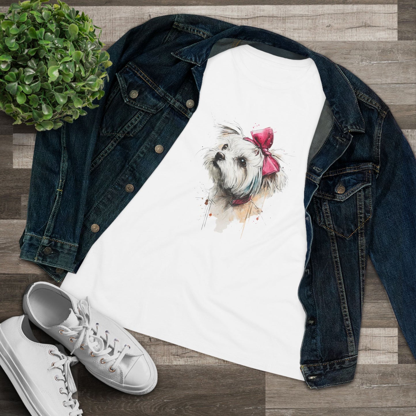 Shih Tzu Watercolor Tee — Cute Dog Portrait T‑Shirt with Pink Bow