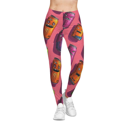 Cute Monster Soda Cans Leggings — Colorful Pink All-Over-Print Yoga Pants