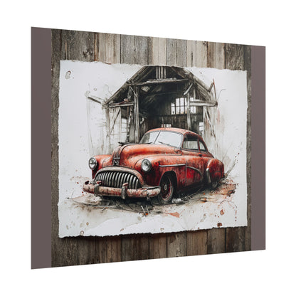 Vintage Red Car Poster — Retro Garage Rolled Art Print