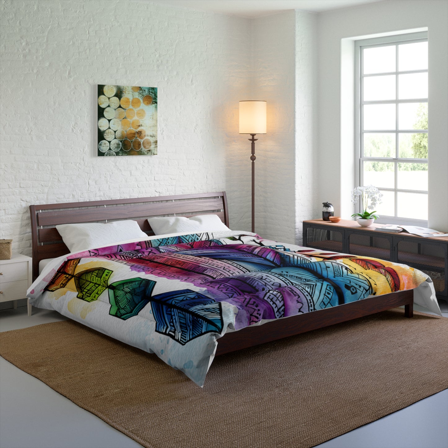 Boho Watercolor Feather Comforter – Colorful Tribal Feather Duvet