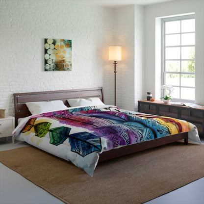 Boho Watercolor Feather Comforter – Colorful Tribal Feather Duvet
