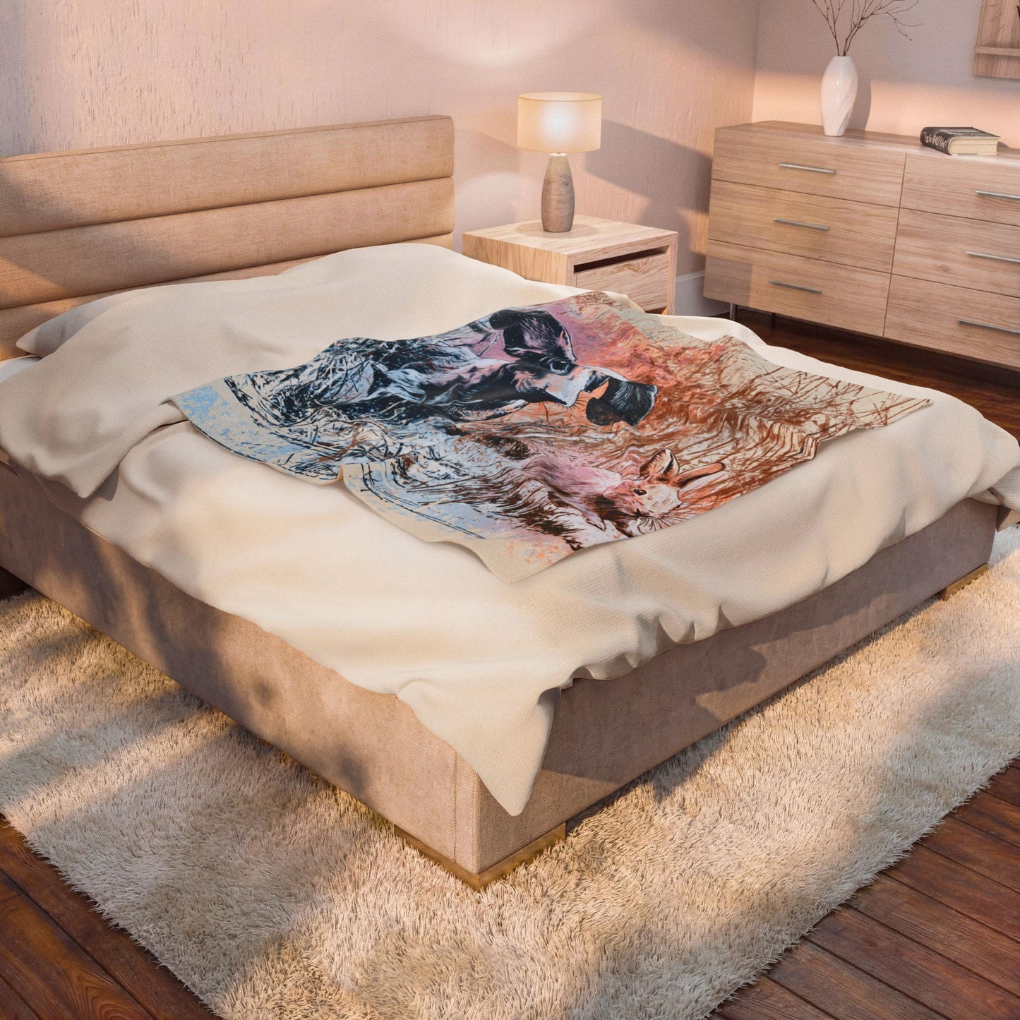 Dachshund & Bunny Velveteen Plush Blanket – Soft Vintage Woodland Pet Throw