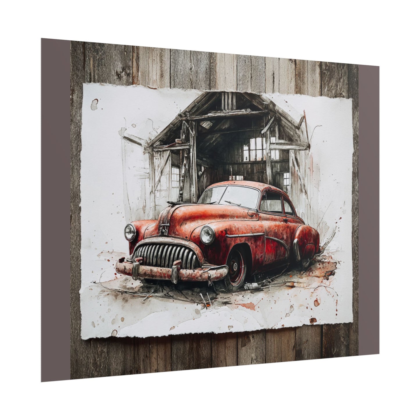 Vintage Red Car Poster — Retro Garage Rolled Art Print