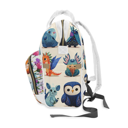 Diaper Backpack — Cute Colorful Woodland Creatures Pattern, Multifunctional Baby Bag with Organizer Pockets