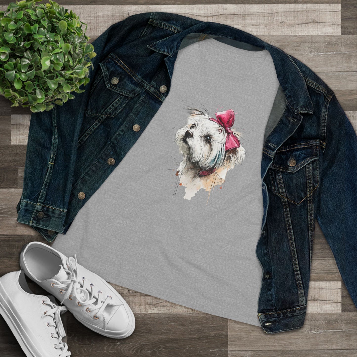 Shih Tzu Watercolor Tee — Cute Dog Portrait T‑Shirt with Pink Bow