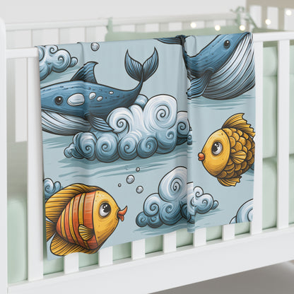 Underwater Dreams Baby Swaddle Blanket — Cute Goldfish & Whales Nursery Wrap
