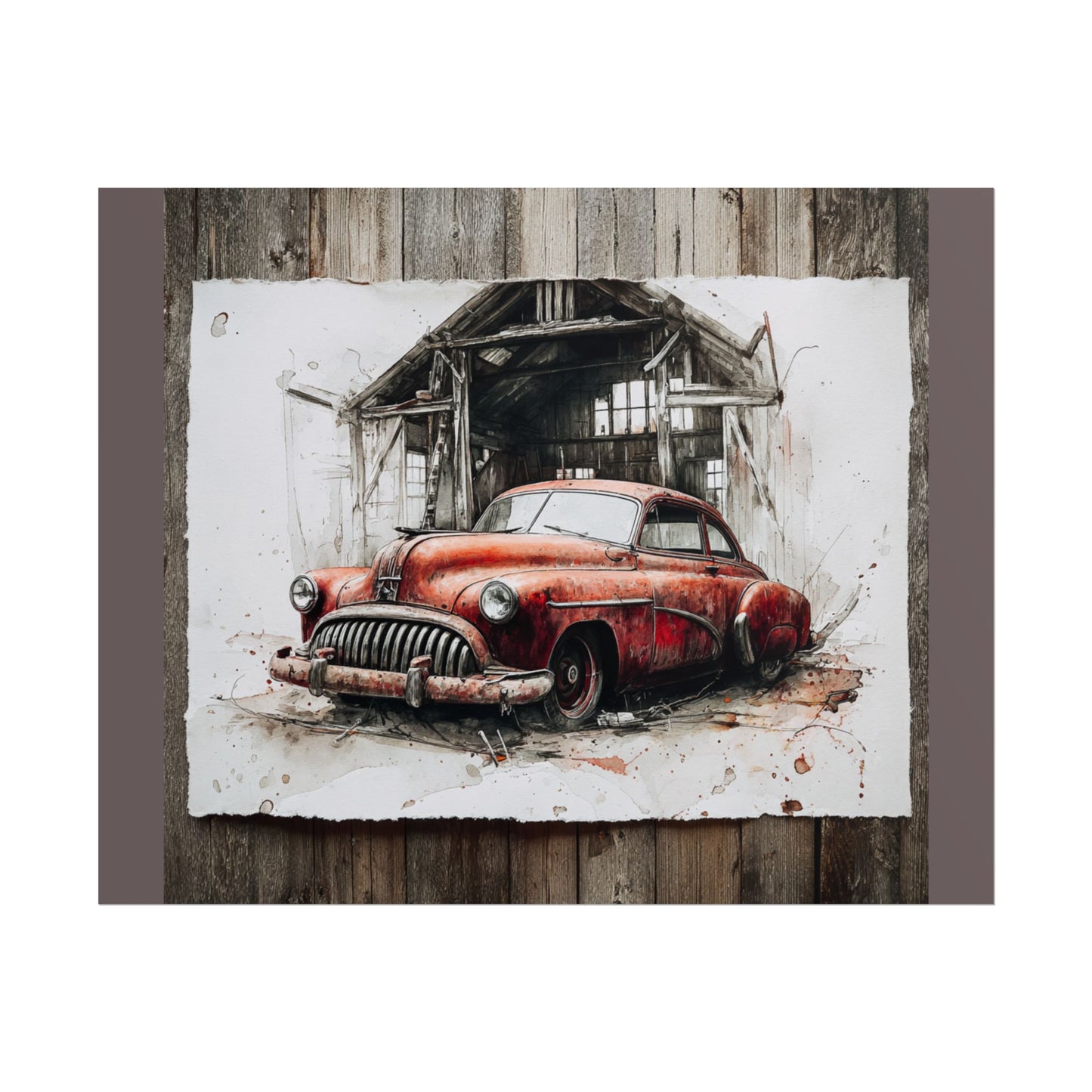 Vintage Red Car Poster — Retro Garage Rolled Art Print