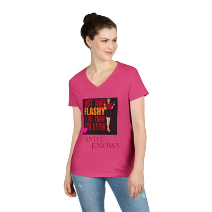 Womens V-Neck T-Shirt — “Hot and Flashy If You Know You Know and I Know!” Retro Graphic for Women