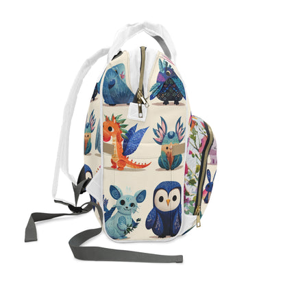 Diaper Backpack — Cute Colorful Woodland Creatures Pattern, Multifunctional Baby Bag with Organizer Pockets
