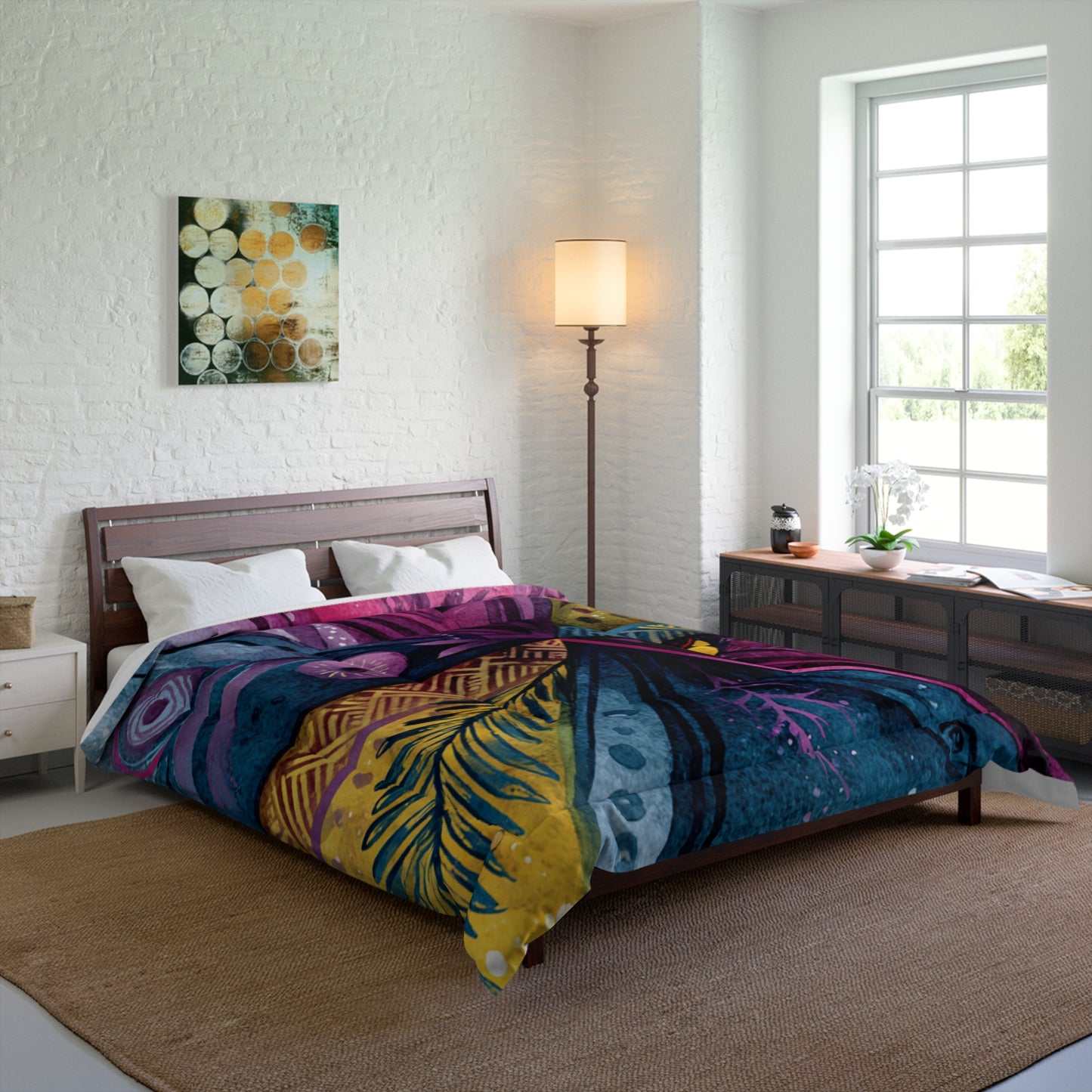 Boho Watercolor Feather Comforter – Vibrant Tribal Cross Pattern