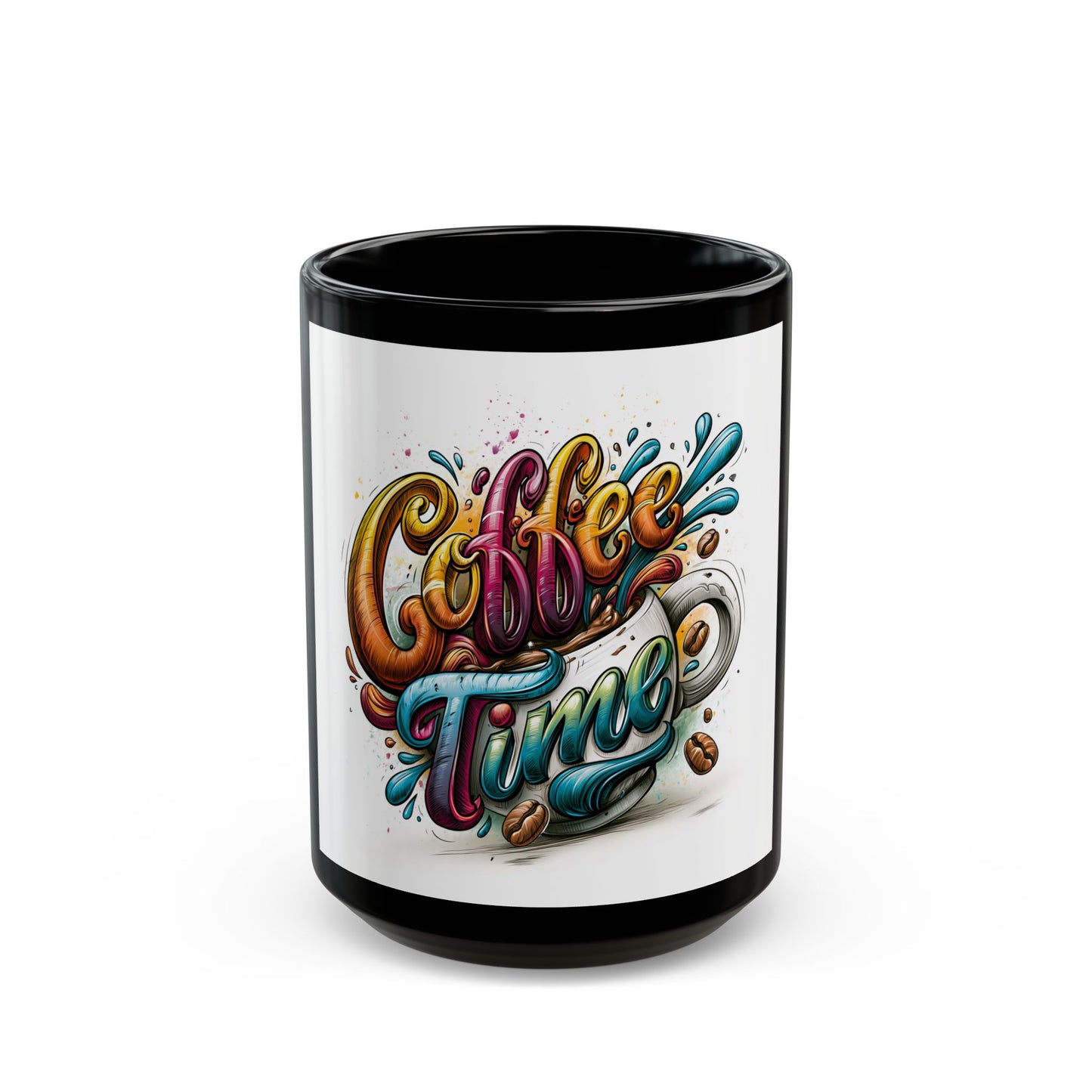 Coffee Time Black Mug — Colorful Typographic Coffee Lover Gift (11oz & 15oz)