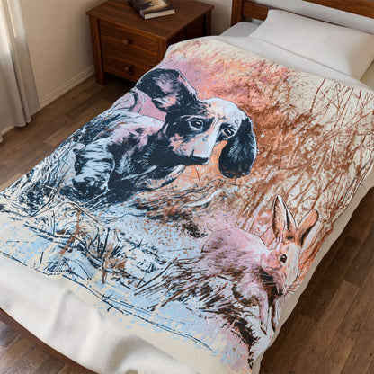 Dachshund & Bunny Velveteen Plush Blanket – Soft Vintage Woodland Pet Throw