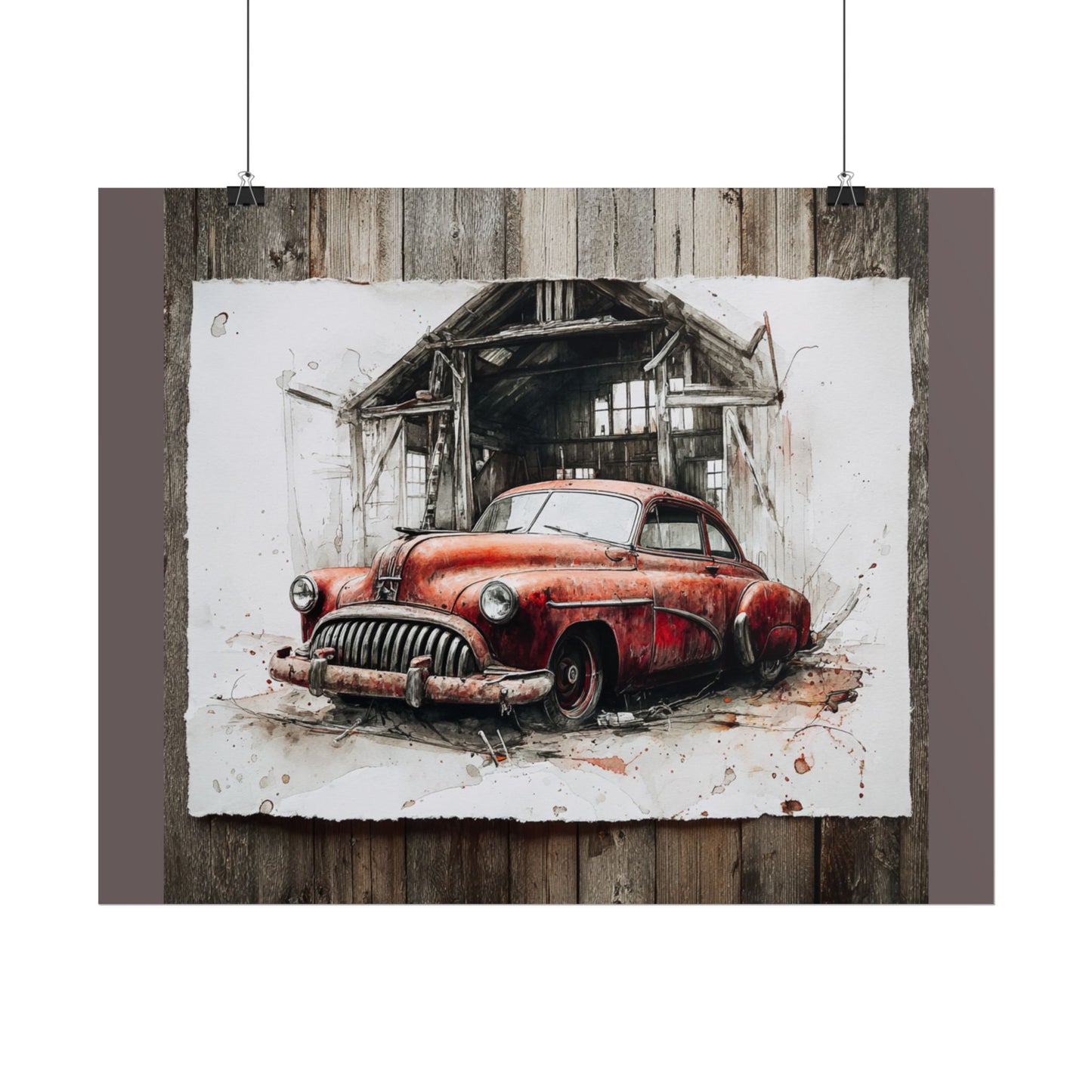 Vintage Red Car Poster — Retro Garage Rolled Art Print