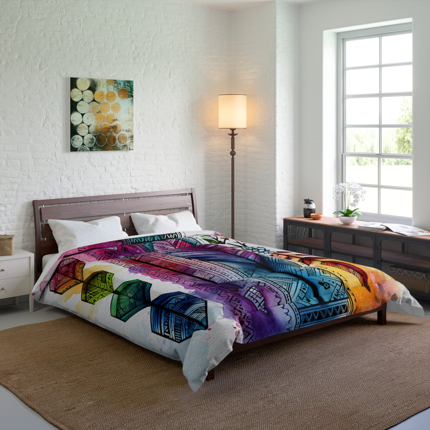 Boho Watercolor Feather Comforter – Colorful Tribal Feather Duvet
