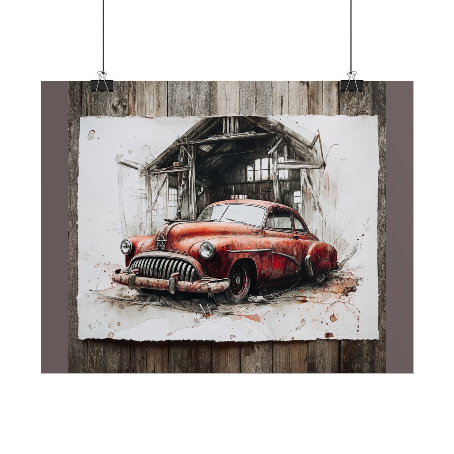 Vintage Red Car Poster — Retro Garage Rolled Art Print