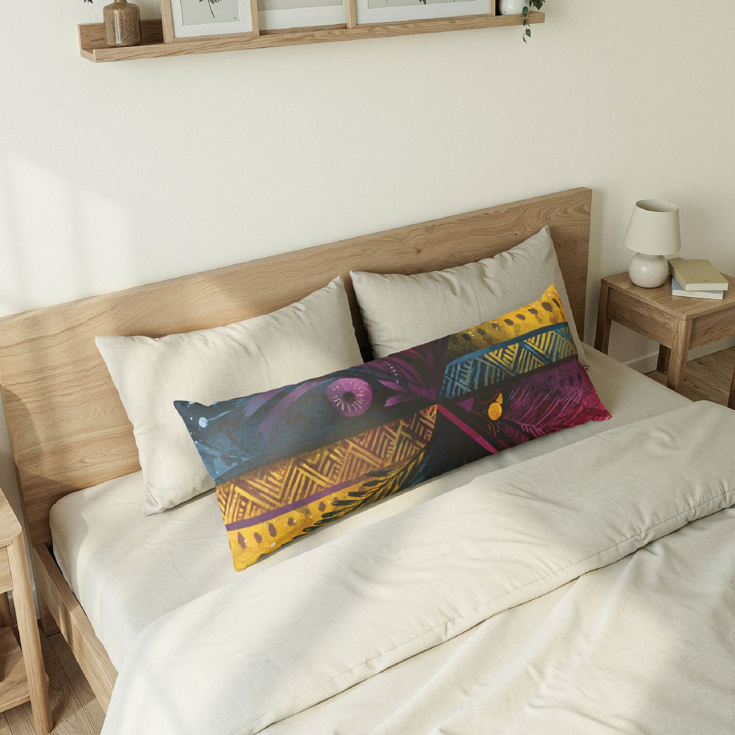 Boho Tribal Feather Body Pillow — Colorful Patterned Lumbar Cushion