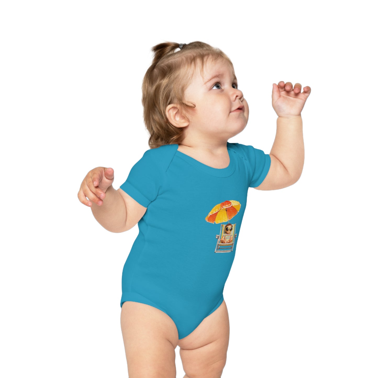 Baby Bodysuit — Cute Baby on Beach Chair with Umbrella (Combed Cotton)