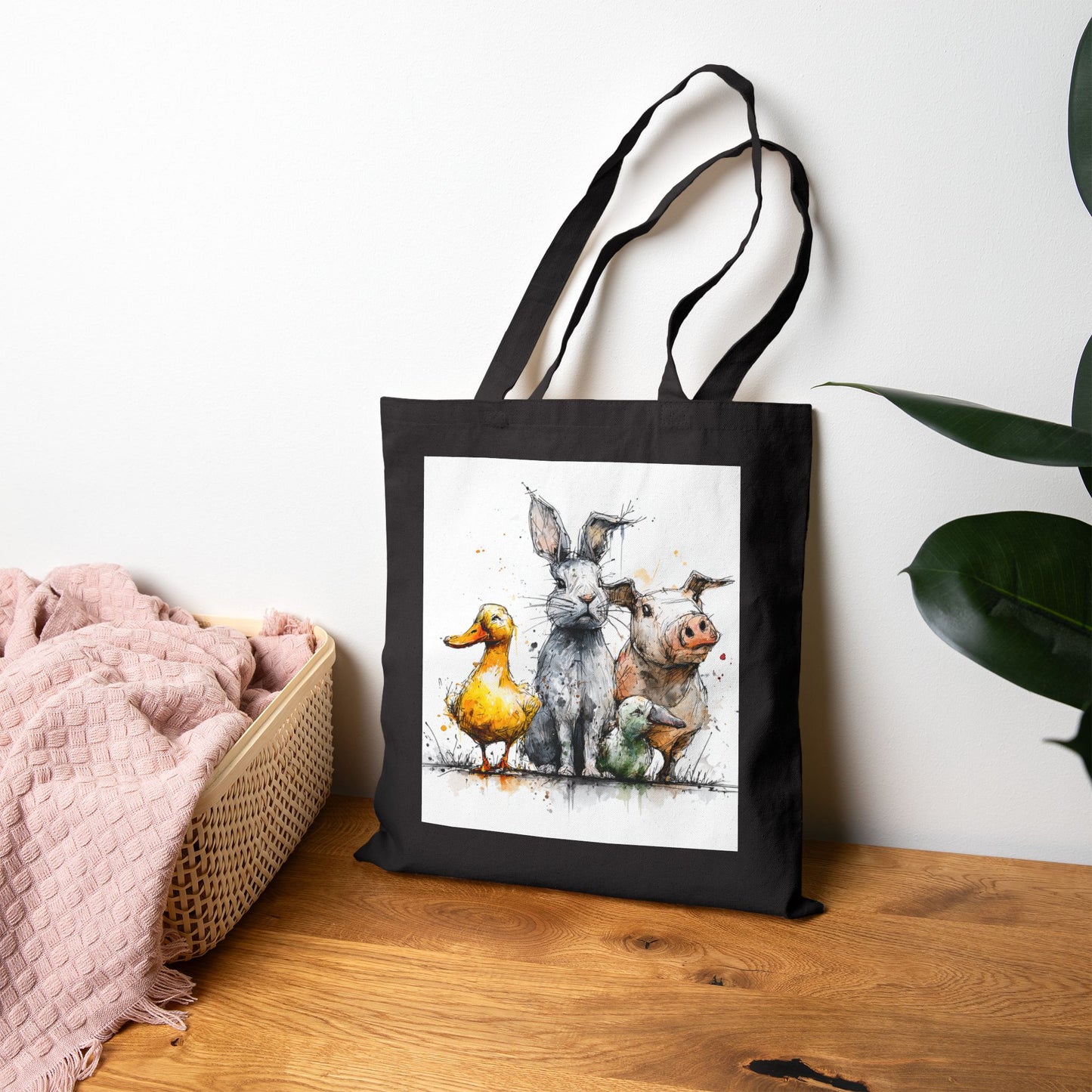 Canvas Tote Bag — Watercolor Farm Animals Duck Donkey Pig Illustration