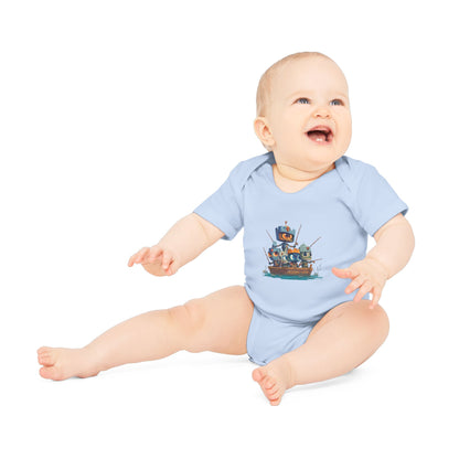 Baby Bodysuit — Cute Robot Pirate Ship Organic Infant Onesie