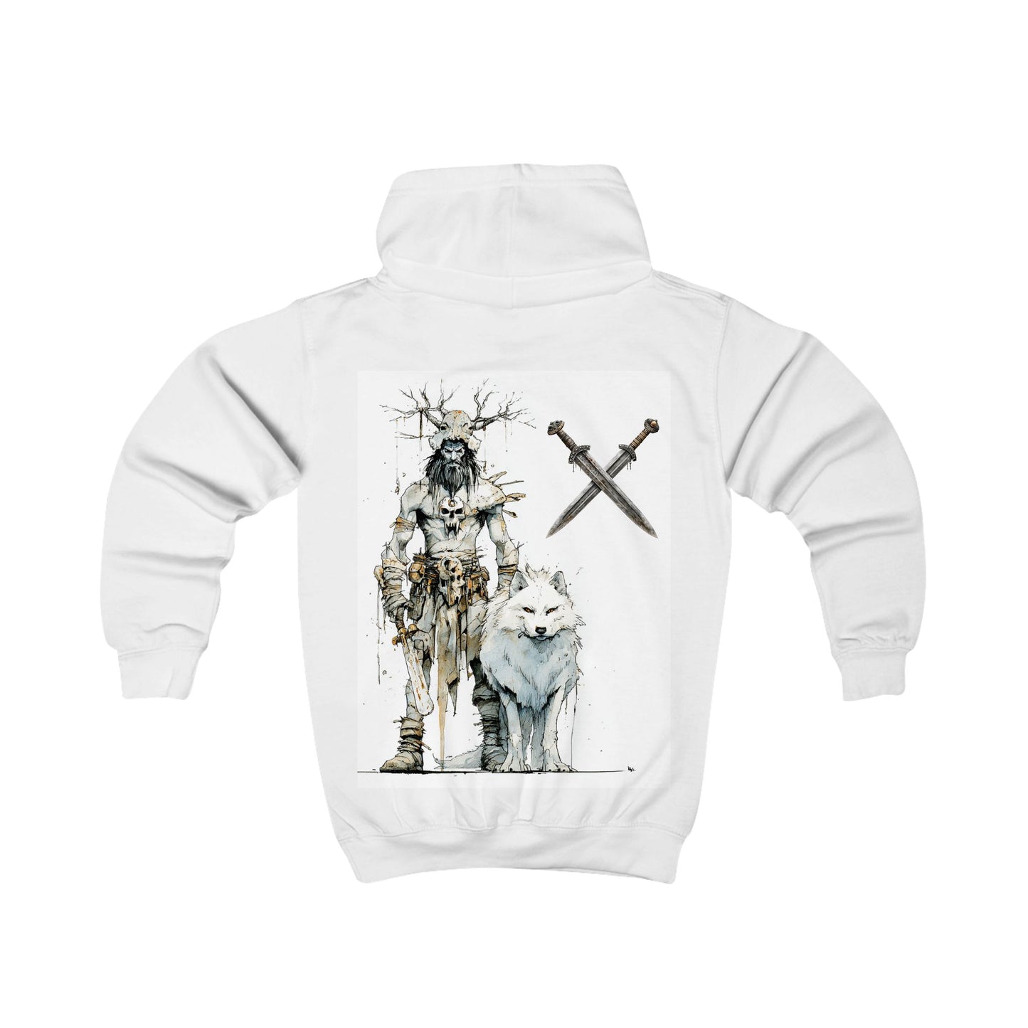 Kids Hoodie — Viking Warrior and White Wolf Graphic Pullover