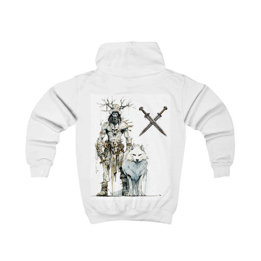 Kids Hoodie — Viking Warrior and White Wolf Graphic Pullover
