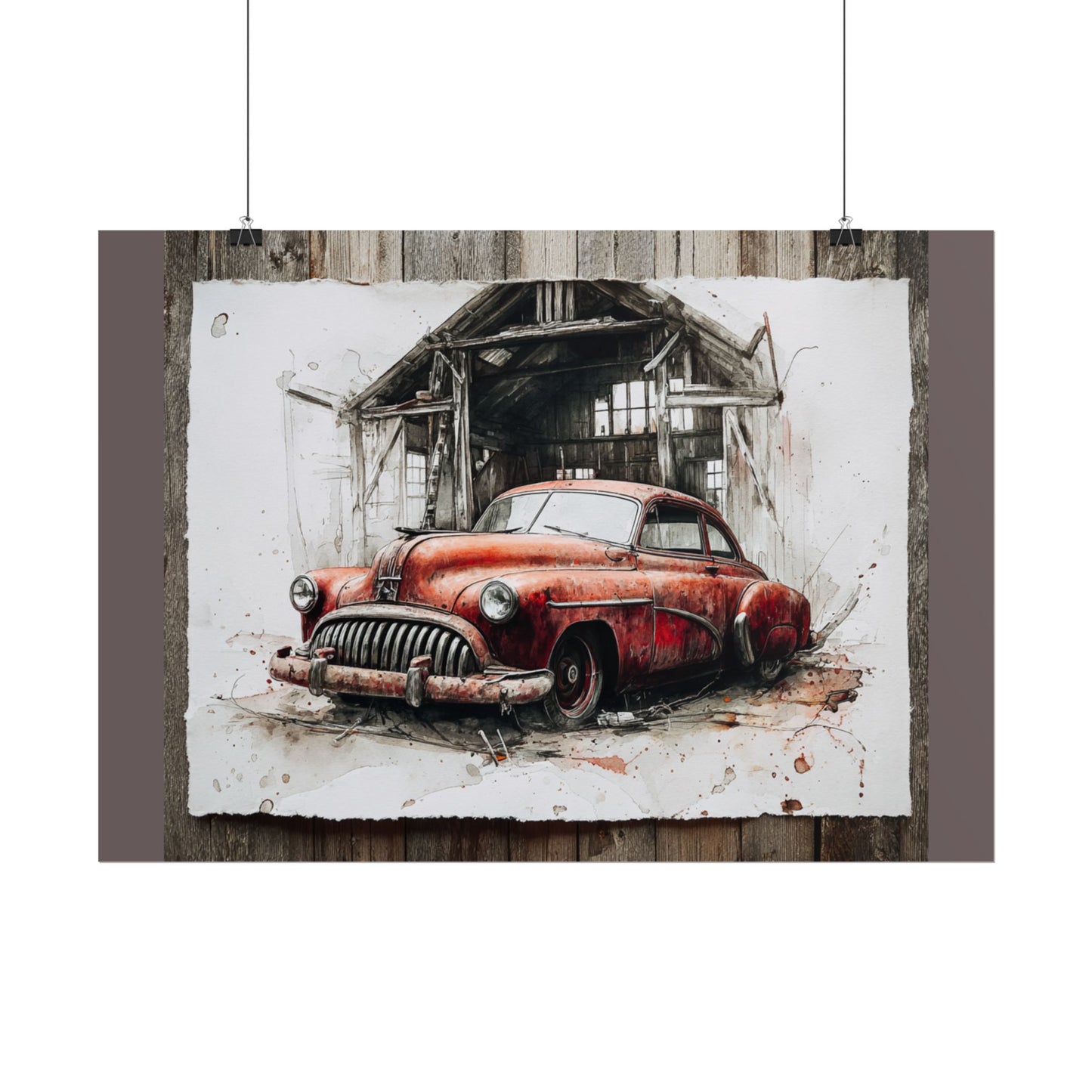 Vintage Red Car Poster — Retro Garage Rolled Art Print
