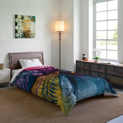 Boho Watercolor Feather Comforter – Vibrant Tribal Cross Pattern