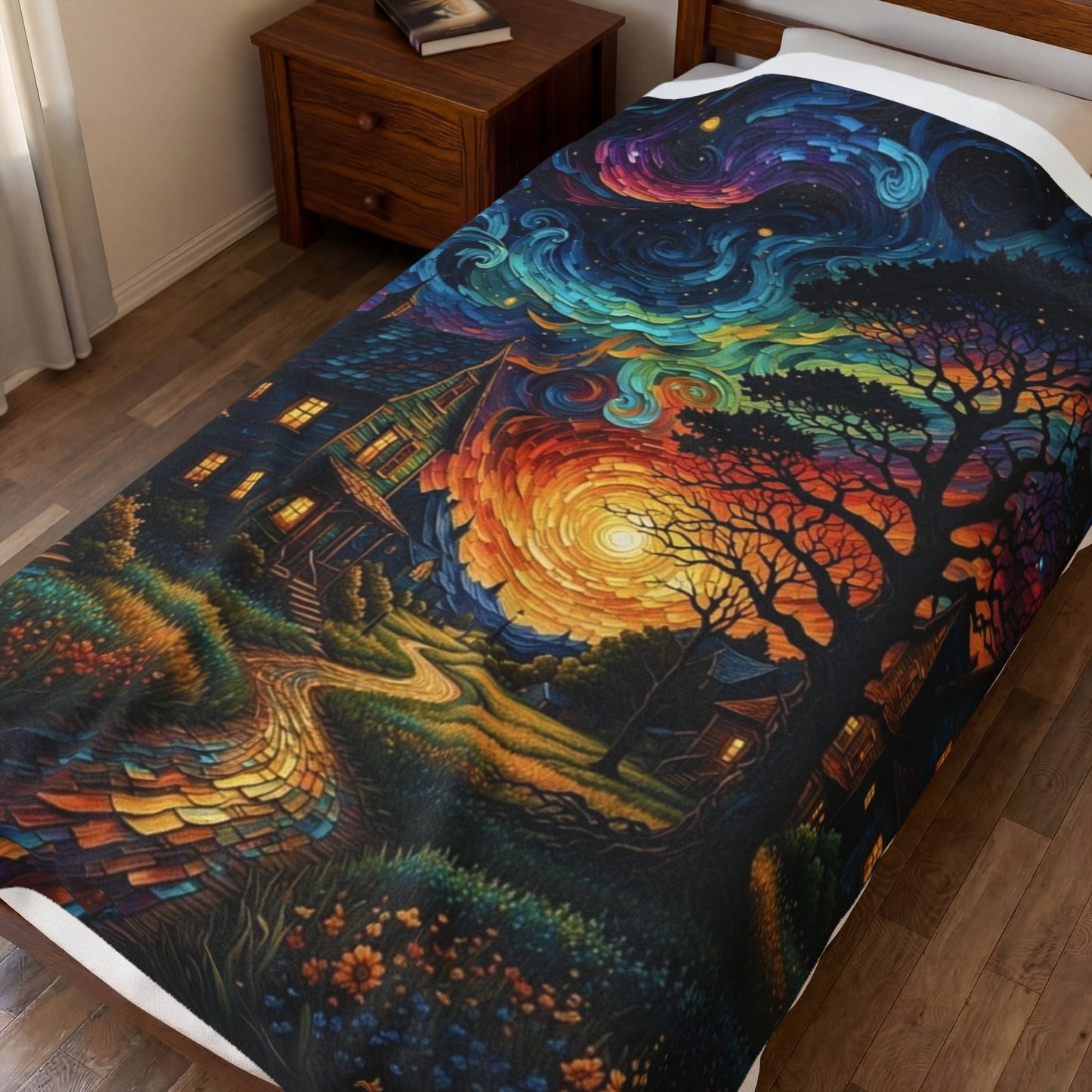 Velveteen Plush Blanket — Starry Sunset Village Fleece Throw