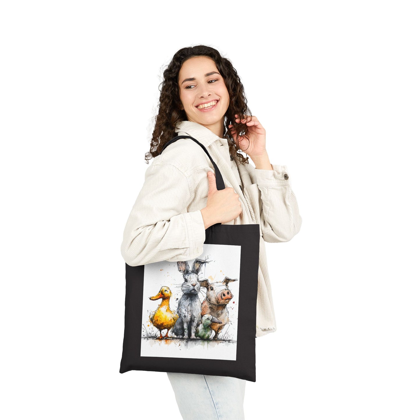 Canvas Tote Bag — Watercolor Farm Animals Duck Donkey Pig Illustration