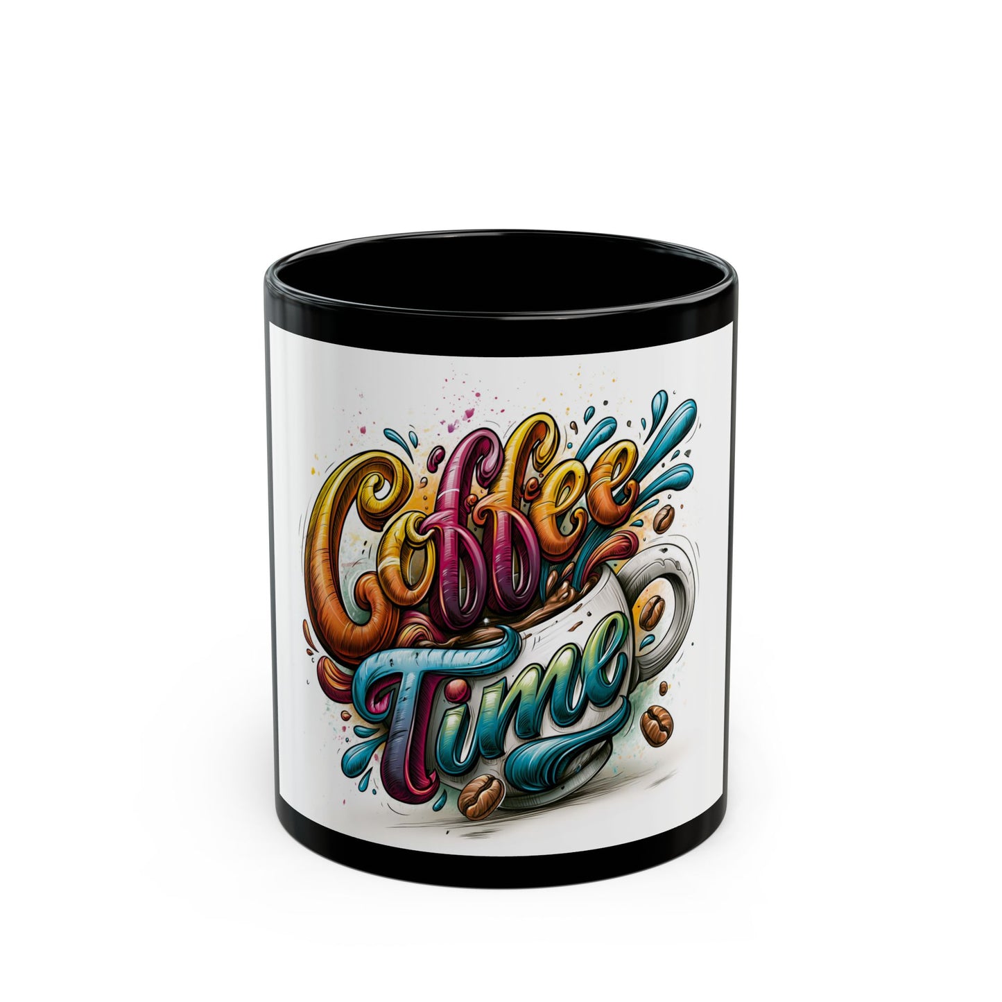 Coffee Time Black Mug — Colorful Typographic Coffee Lover Gift (11oz & 15oz)