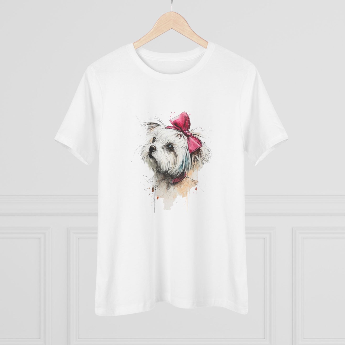 Shih Tzu Watercolor Tee — Cute Dog Portrait T‑Shirt with Pink Bow