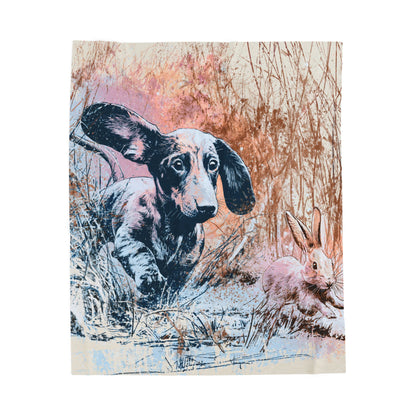 Dachshund & Bunny Velveteen Plush Blanket – Soft Vintage Woodland Pet Throw