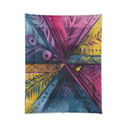 Boho Watercolor Feather Comforter – Vibrant Tribal Cross Pattern