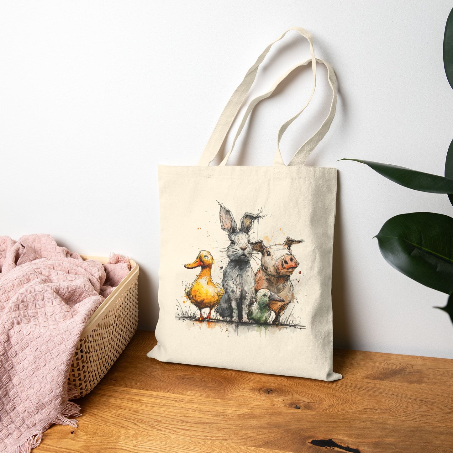 Canvas Tote Bag — Watercolor Farm Animals Duck Donkey Pig Illustration