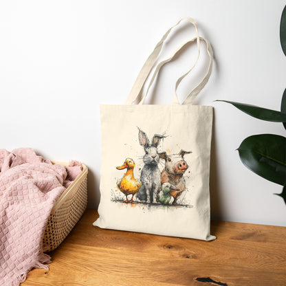 Canvas Tote Bag — Watercolor Farm Animals Duck Donkey Pig Illustration