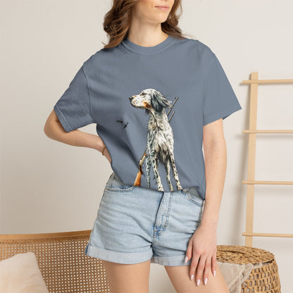 Hunting Dog Graphic T-Shirt — Watercolor Pointer with Shotgun Design