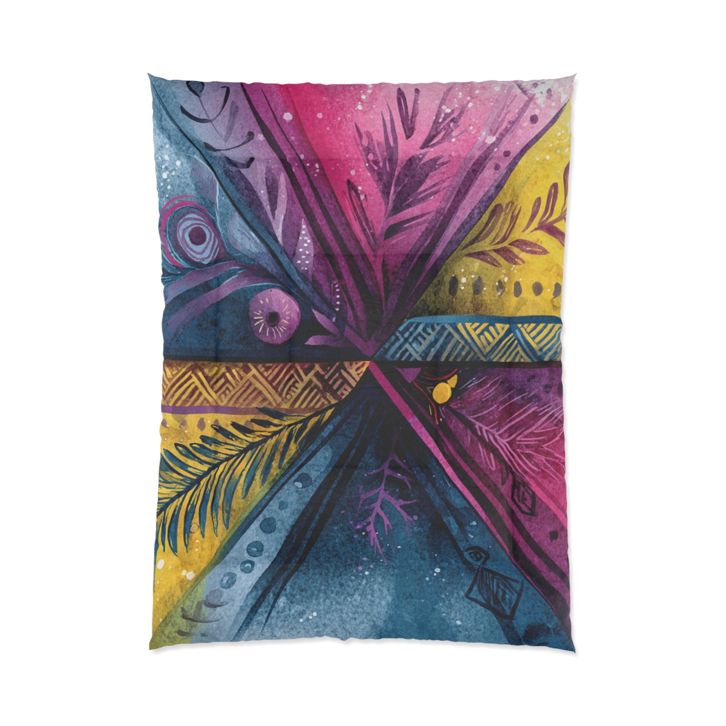 Boho Watercolor Feather Comforter – Vibrant Tribal Cross Pattern
