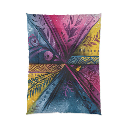 Boho Watercolor Feather Comforter – Vibrant Tribal Cross Pattern