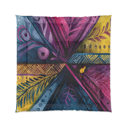 Boho Watercolor Feather Comforter – Vibrant Tribal Cross Pattern