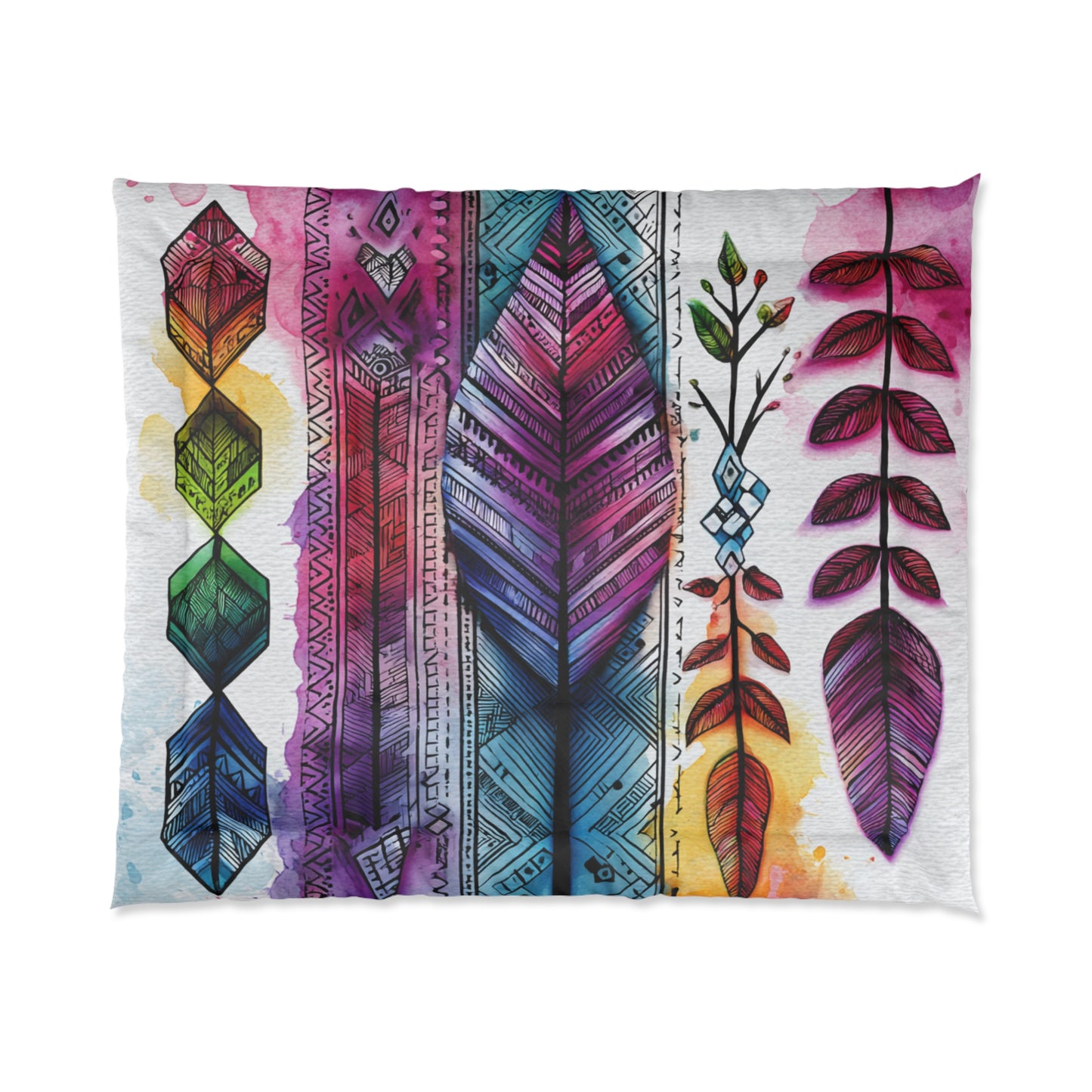 Boho Watercolor Feather Comforter – Colorful Tribal Feather Duvet