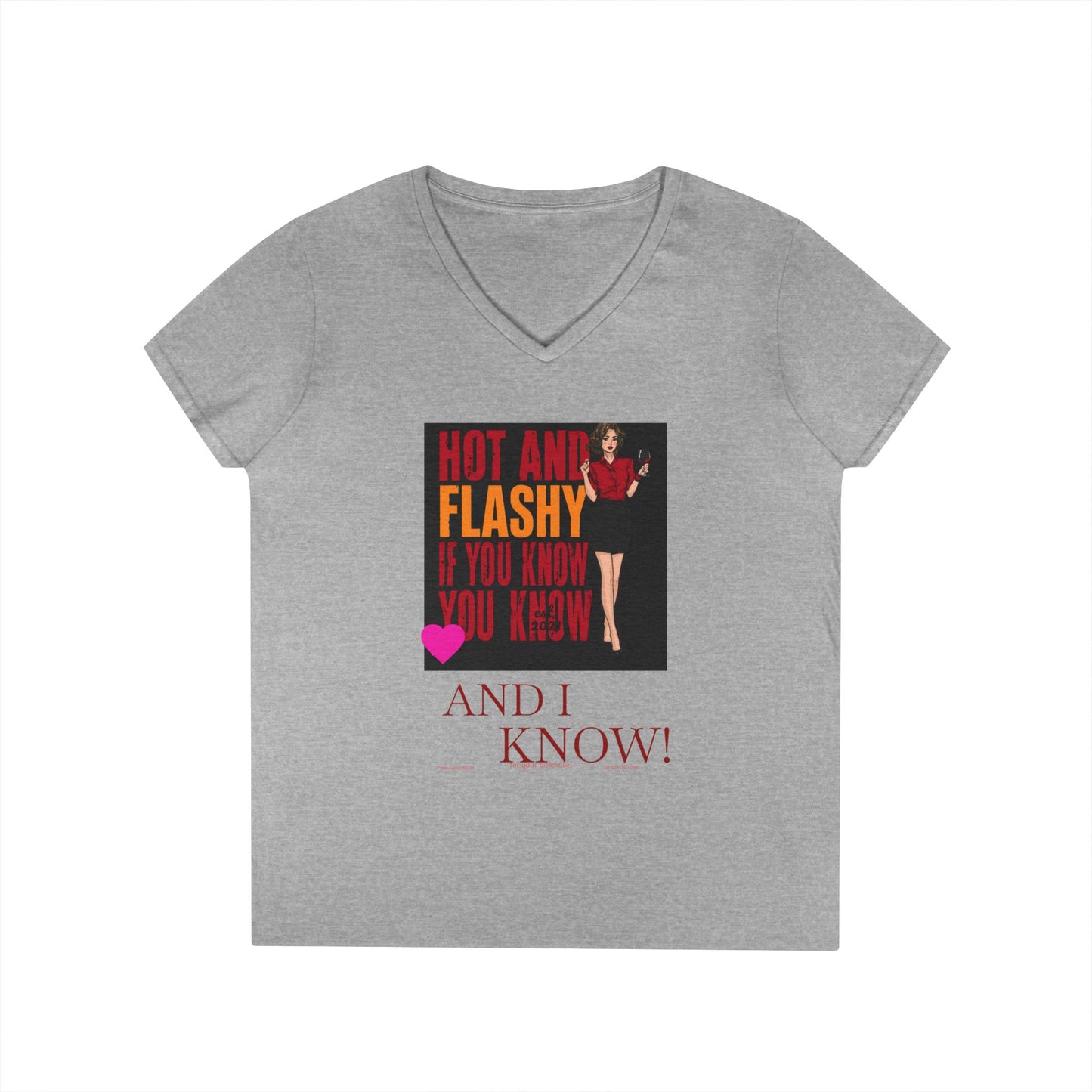 Womens V-Neck T-Shirt — “Hot and Flashy If You Know You Know and I Know!” Retro Graphic for Women