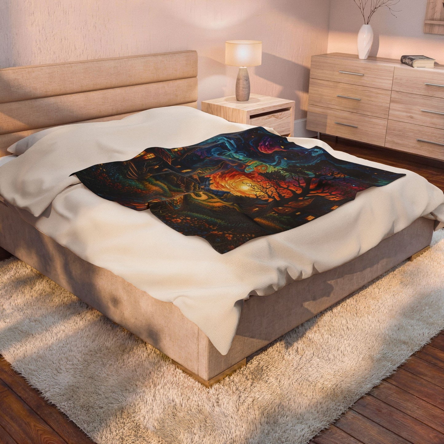 Velveteen Plush Blanket — Starry Sunset Village Fleece Throw